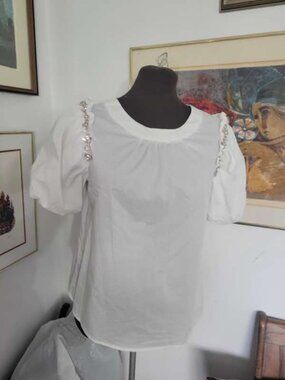 Stiff White Blouse with Bling Bling and Puffy Sleeves Size S